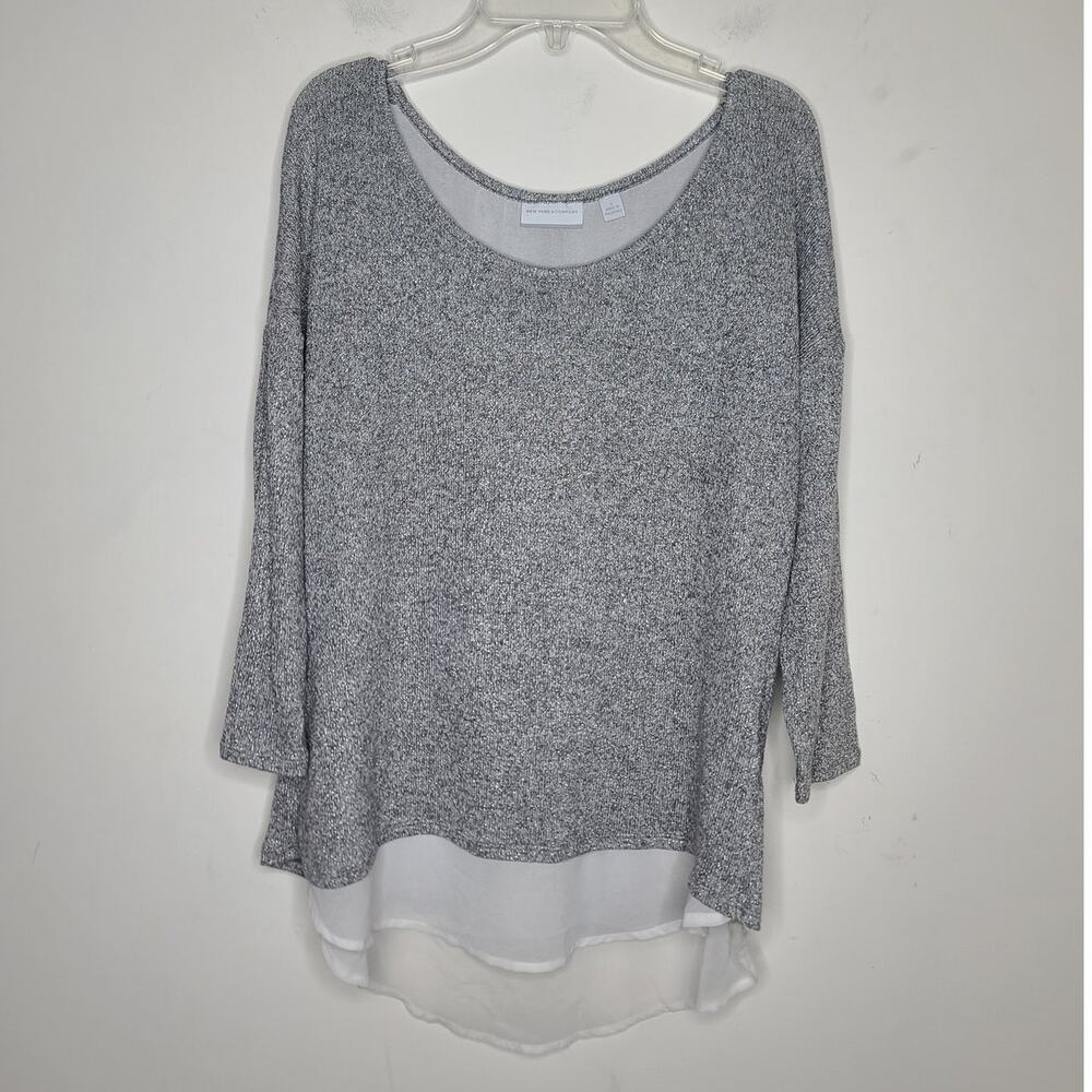 New York & Co metallic silver lightweight split back layered sweater - small